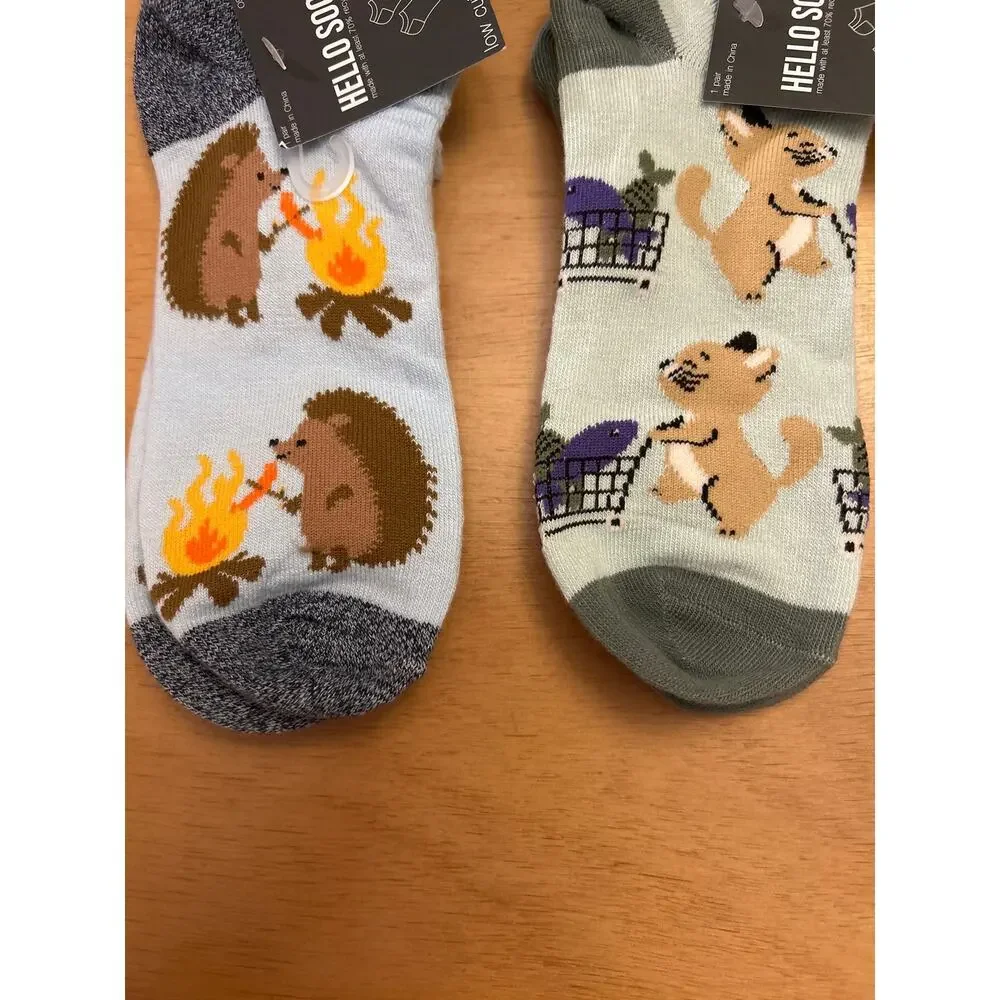 New Womens 2 Pairs Hello Socks! Porcupine Cat Print low cut socks shoe size 4-10